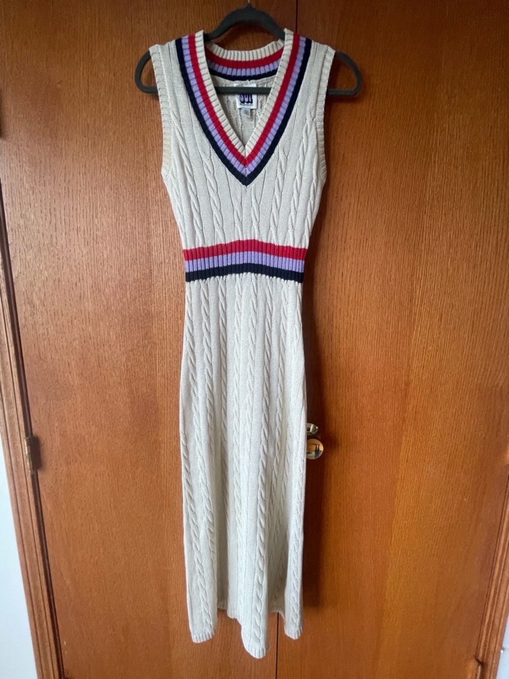 Anna Sui Cream Cable-Knit Maxi Dress with Red, Navy & Purple Trim